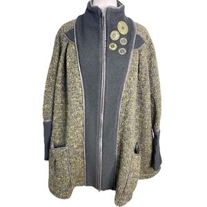 Save The Queen Green Black Knit Wool Leather Trim Swing Jacket Oversized Artsy S